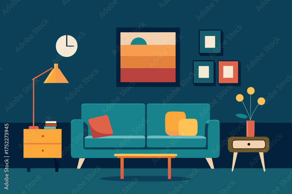 Fototapeta premium Living room scene with couch and wall decorations