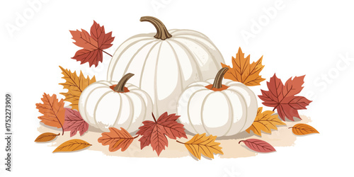 A festive arrangement of three white pumpkins surrounded by colorful, falling autumn leaves, evoking a harvest season theme.