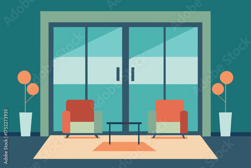 Interior view with armchairs and sliding glass door
