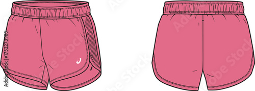 Athletic shorts, fashion flat sketch, technical drawing, apparel design, garment illustration, elastic waistband, curved hem, mesh panels, sportswear style, vector template