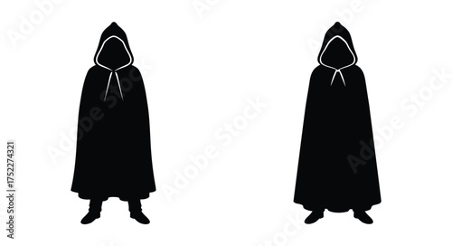 Two black hooded figures stand prominently against a stark white background