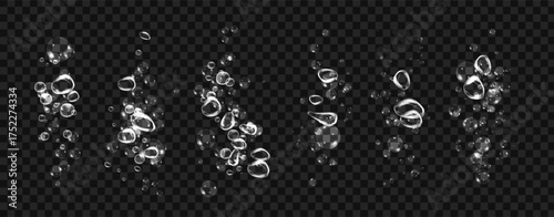 Set of clean water bubbles on black background with sparkle shine and soap foam effect.