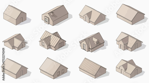 Vector art of isometric house set collection of different house roof types vector illustration of building model for real estate or construction company
