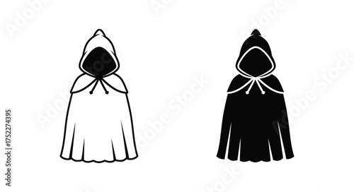 Two hooded cloaks presented in contrasting black and white illustrated designs