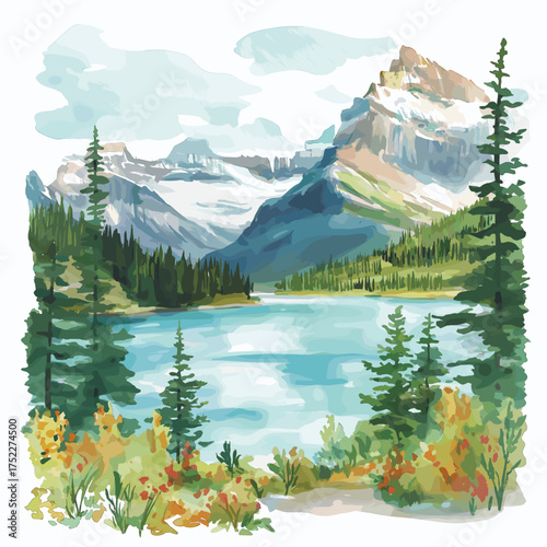 Glacier National Park of Canada. Glacier National Park of Canada hand drawn watercolor illustration
