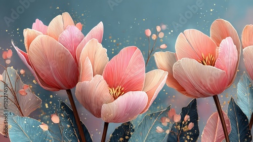 Elegant Pink and Teal Floral Illustration with Golden Glitter Accents