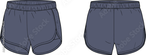 Athletic shorts, fashion flat sketch, technical drawing, apparel design, garment illustration, elastic waistband, curved hem, side slits, mesh panels, vector template