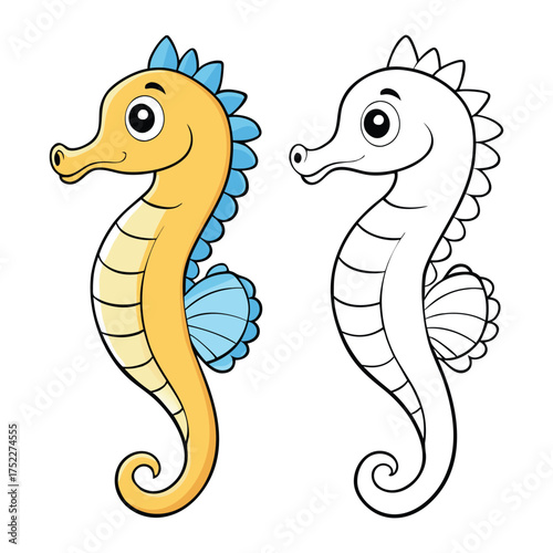 Cartoon Seahorse Coloring Page – Split Illustration with Colored and Outline Versions for Kids’ Ocean Learning, Creativity, and Fun Activities