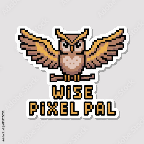 wise owl pixel pal sticker, vintage arcade aesthetic, spread wings pose, friendly educational mascot, nostalgic gaming art