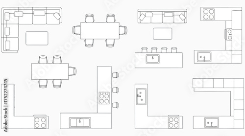 Vector art of furniture arrangement plan vector illustration of kitchen and dining room layout for interior design project