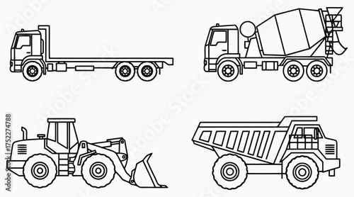 Vector art of construction vehicles line drawing flatbed truck, concrete mixer, wheel loader, and dumper truck in black and white vector illustration