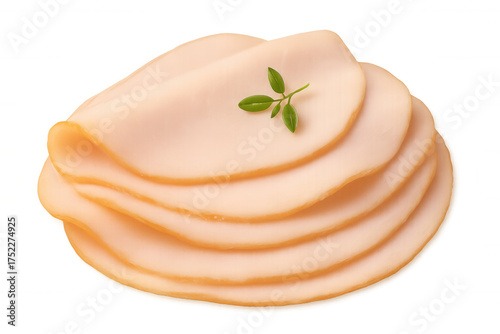 Sliced turkey breast deli meat with fresh herb garnish, cold cuts for sandwich or charcuterie, transparent background