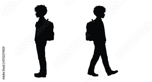Silhouettes of two schoolboys walking with backpacks against a white background