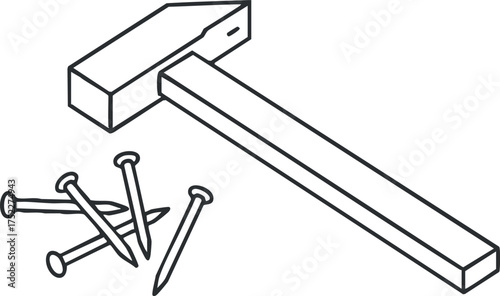 A detailed illustration of a hammer and nails used in woodworking and construction tasks.