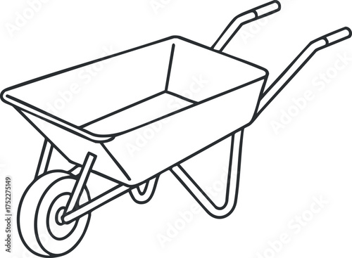 A simple line art illustration of a wheelbarrow suitable for gardening and construction use