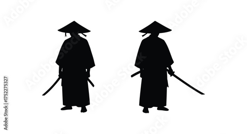 Two silhouetted figures with traditional conical hats and swords stand firm