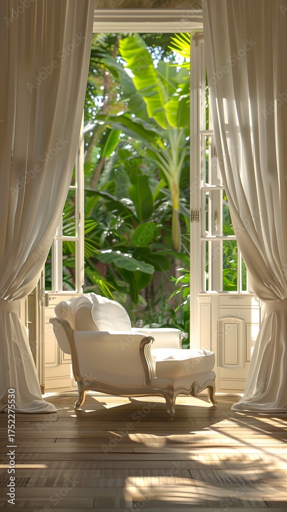 Obraz premium Luxurious armchair bathed in sunlight opens to lush tropical garden, offering serene escape and elegant relaxation indoors