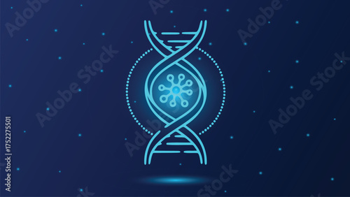 DNA Strand with Virus Icon Outline on Dark Blue Background with Glowing Particles