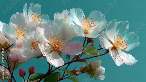 Delicate White Blossoms with Orange Stamens on Teal Background