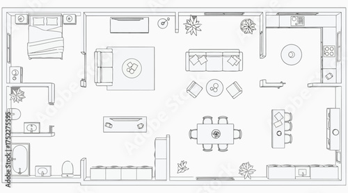 Vector art of detailed architectural floor plan showcasing a comprehensive layout of a residential space, including bedrooms, living areas, dining space, and bathrooms