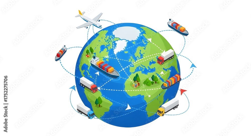 Naklejka premium Global Commerce Network.Isometric flat vector of a globe surrounded by cargo ships, airplanes, and trucks connected by arrows and shipping routes.