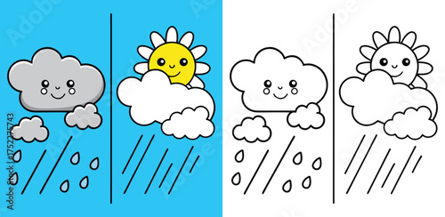 Happy Easter card with colorful eggs and cute birds in a bright blue sky with clouds and sunshine
