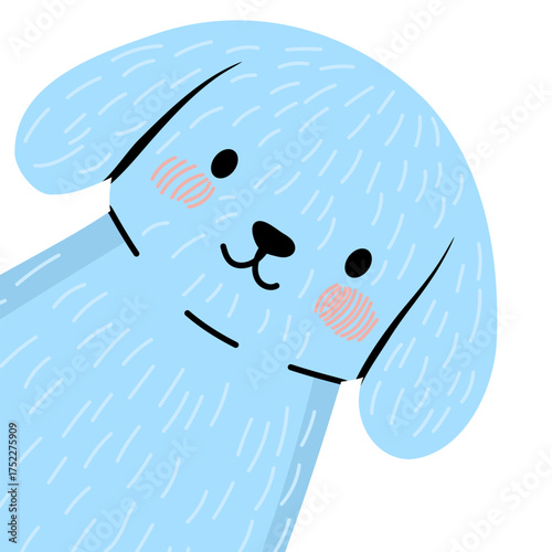 Blue lap dog with pink blush cheeks and a small smile peeking from the side. Cute pet for kid design.