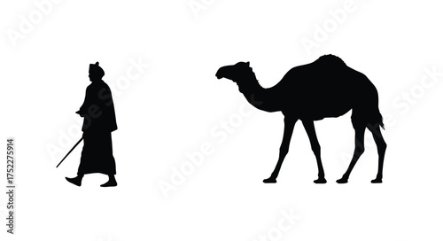 Silhouette of a bedouin man walking with his dromedary camel