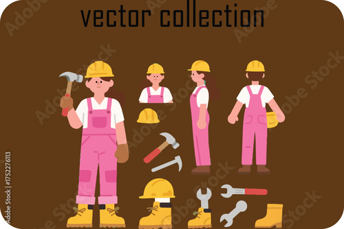 Diverse construction workers and tools in a vector collection showcasing safety gear and professional attire for various building trades