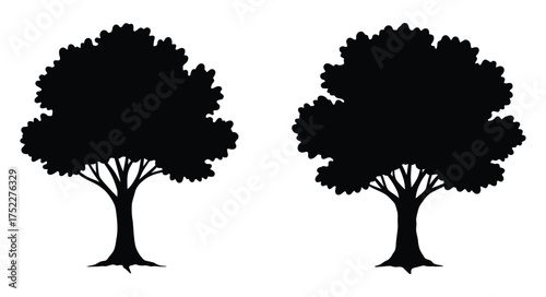 Two black silhouettes of leafy trees against a plain white background
