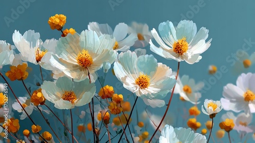 Vibrant White and Yellow Flowers Blooming in Artistic Style