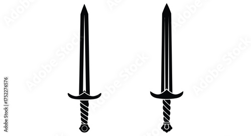 Two black swords stand vertically against a plain white background