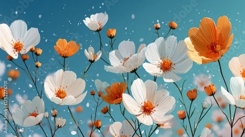 Dreamy White and Orange Cosmos Flowers on Teal Blue Background with Bokeh Lights