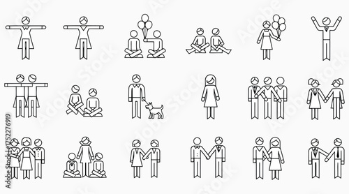 Vector art of line drawings depicting various human relationships and interactions, including friendship, family, love, and support, showcasing diverse social connections