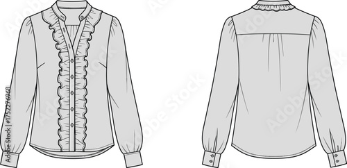 blouse women ruffle trim stand collar button placket pocket yoke gathered sleeve cuff curved hem apparel garment clothing fashion textile template vector sketch illustration design pattern wardrobe pr