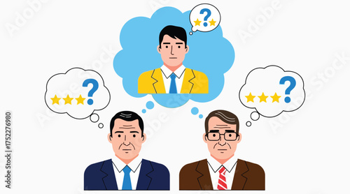 Vector art of two men are thinking about a rating of three stars, while a third man is thinking about what to do next customer feedback concept