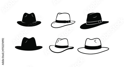 A collection of six different black and white hat illustrations