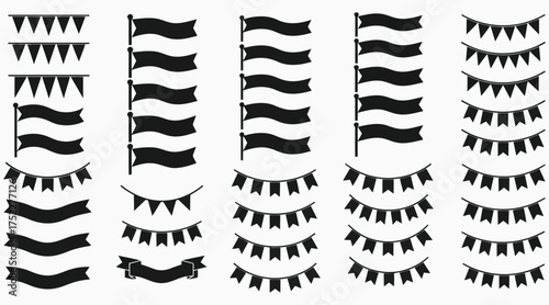 Vector art of set of black and white bunting and garland vector illustration of party decoration, flags, pennants, banner