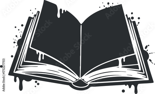An artistic illustration of an open book with ink dripping, symbolizing creativity and knowledge.