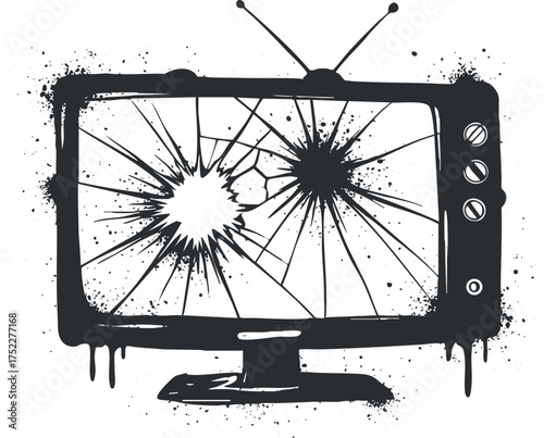 A broken television screen with cracks and splashes, representing damage and malfunction in media.