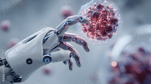 Robotic hand holding a glowing virus particle in a laboratory setting