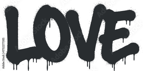 A bold and dripping graffiti style representation of the word love in black paint.