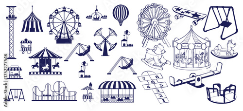 Amusement park black glyph set cartoon vector