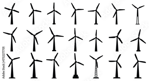 Collection of simple black and white wind turbine icons arranged in rows