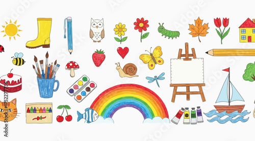 Vector art of seamless pattern with hand drawn art supplies and creative elements cute vector illustration with rainbow, easel, paints, brush, pencil and other objects
