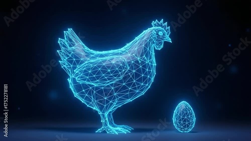 Wallpaper Mural Futuristic digital wireframe chicken and egg displayed with neon blue glowing lines on a dark background Torontodigital.ca