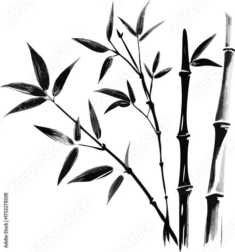 Elegant black and white ink wash painting of bamboo stalks and leaves