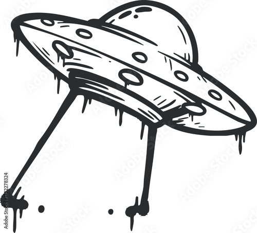 A cartoon illustration of a UFO hovering with a beam of light in a whimsical style.