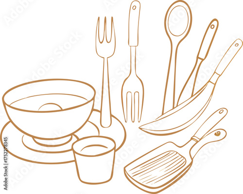 Hand drawn sketch of kitchen utensils and tableware