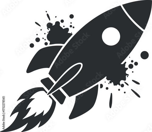 A stylized black rocket illustration with dynamic motion and explosive effects representing space exploration.